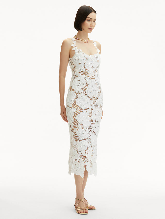 White English Rose Crochet Sleeveless Midi Dress Side View