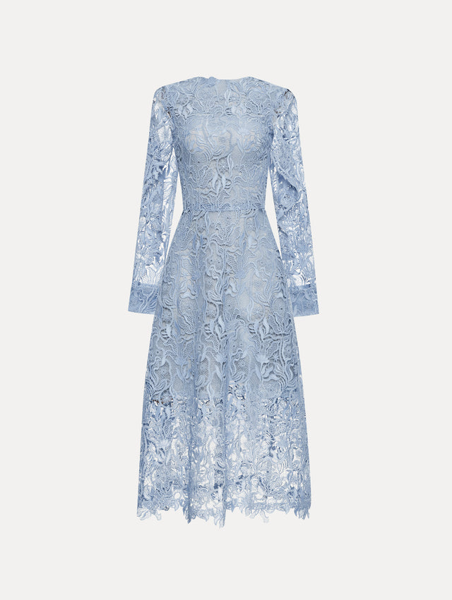 Light Blue Bellflower Guipure Midi Dress with Cut-Out and Ruffled Long Sleeves Front View