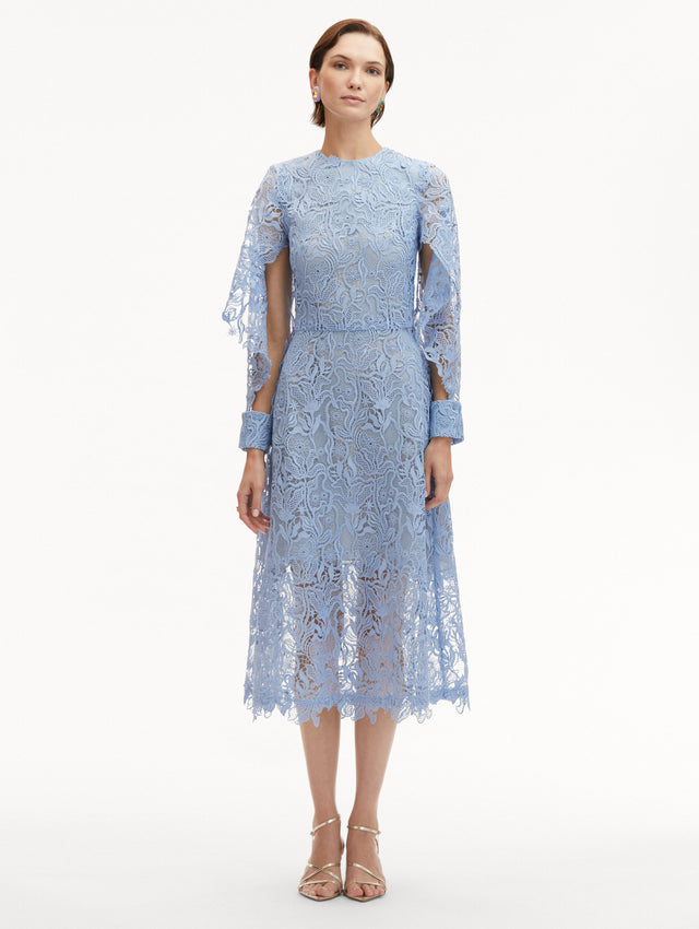 Light Blue Bellflower Guipure Midi Dress with Cut-Out and Ruffled Long Sleeves Front View