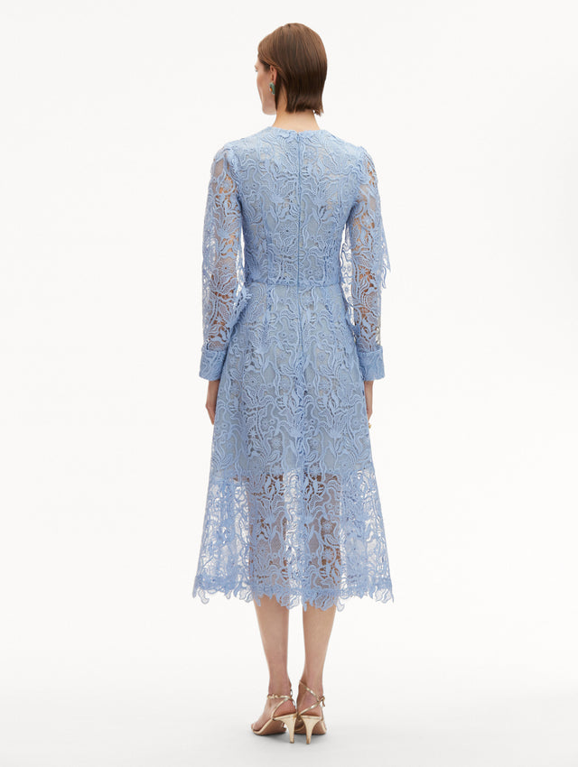 Light Blue Bellflower Guipure Midi Dress with Long Sleeves Back View