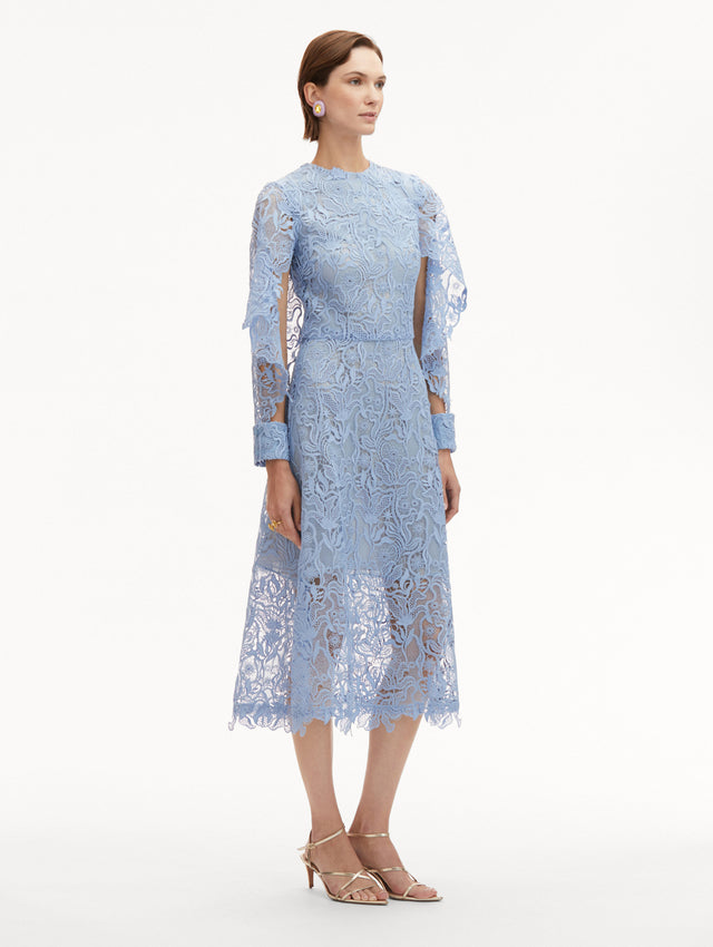 Light Blue Bellflower Guipure Midi Dress with Cut-Out and Ruffled Long Sleeves Side View