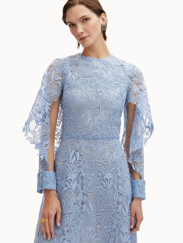 Light Blue Bellflower Guipure Midi Dress with Cut-Out and Ruffled Long Sleeves Zoom View