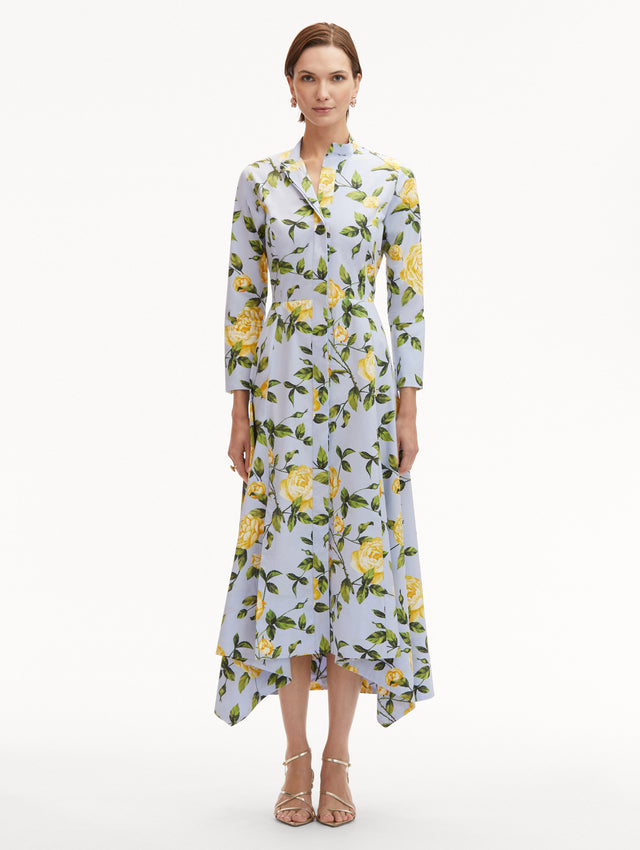 Light Blue 3/4 Sleeve, Button-Down, Midi Dress with Yellow English Roses Front View