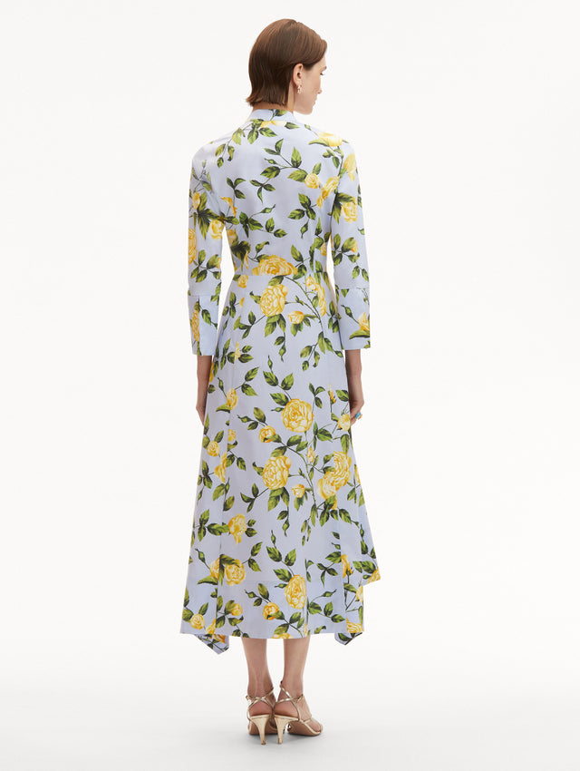 Light Blue 3/4 Sleeve, Button-Down, Midi Dress with Yellow English Roses Back View