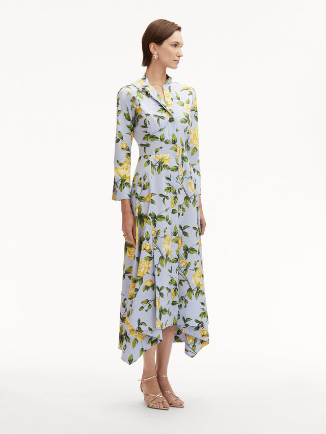Light Blue 3/4 Sleeve, Button-Down, Midi Dress with Yellow English Roses Side View