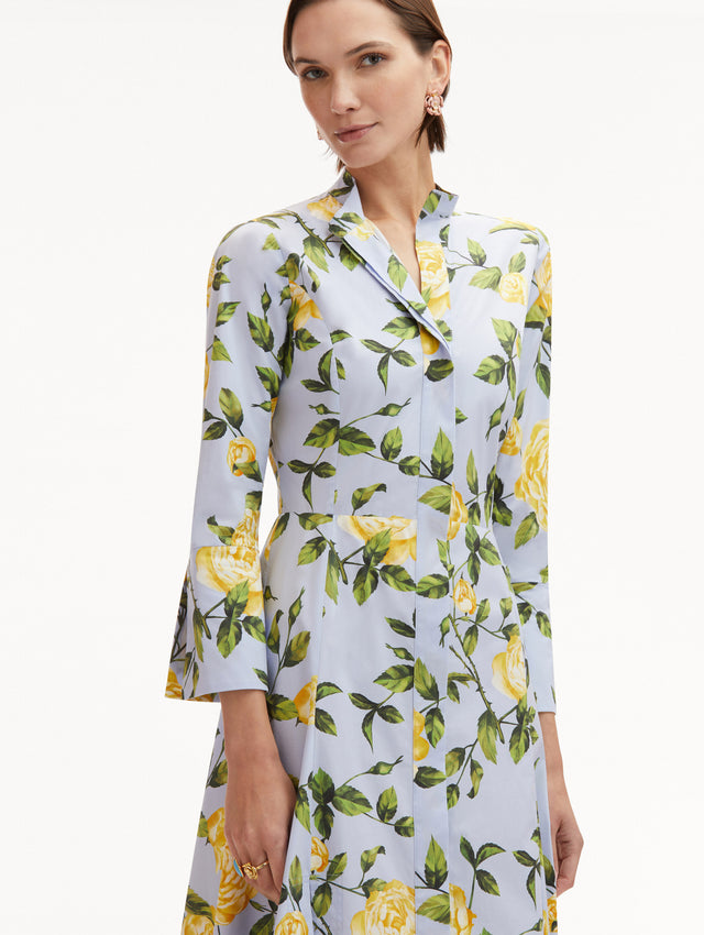 Light Blue 3/4 Sleeve, Button-Down, Midi Dress with Yellow English Roses Zoom View