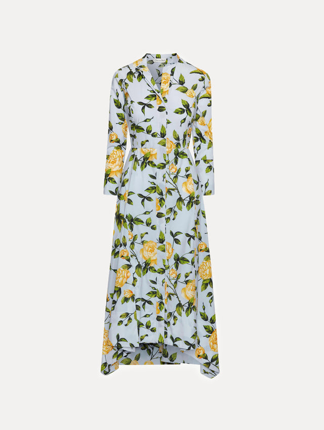Light Blue 3/4 Sleeve, Button-Down, Midi Dress with Yellow English Roses Front View