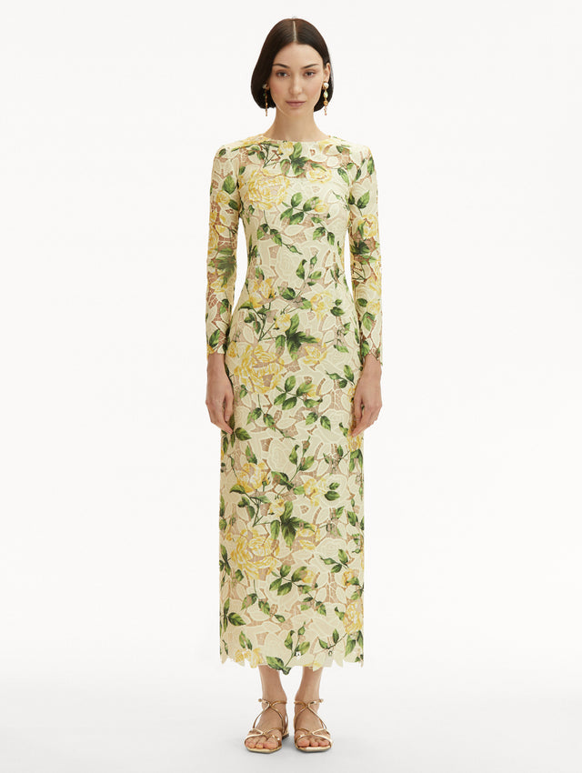 Yellow English Rose Guipure Long Sleeve Maxi Dress Front View