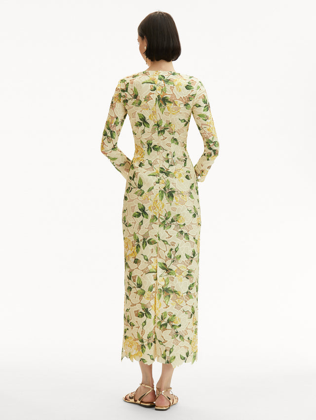 Yellow English Rose Guipure Long Sleeve Maxi Dress Back View