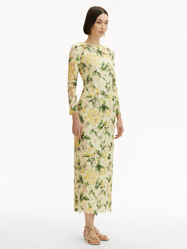 Yellow English Rose Guipure Long Sleeve Maxi Dress Side View