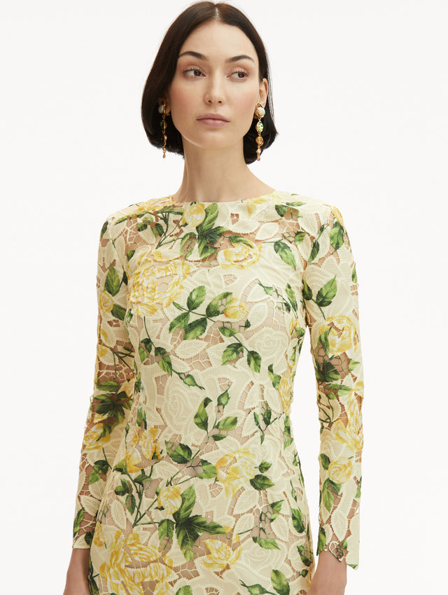Yellow English Rose Guipure Long Sleeve Maxi Dress Zoom View