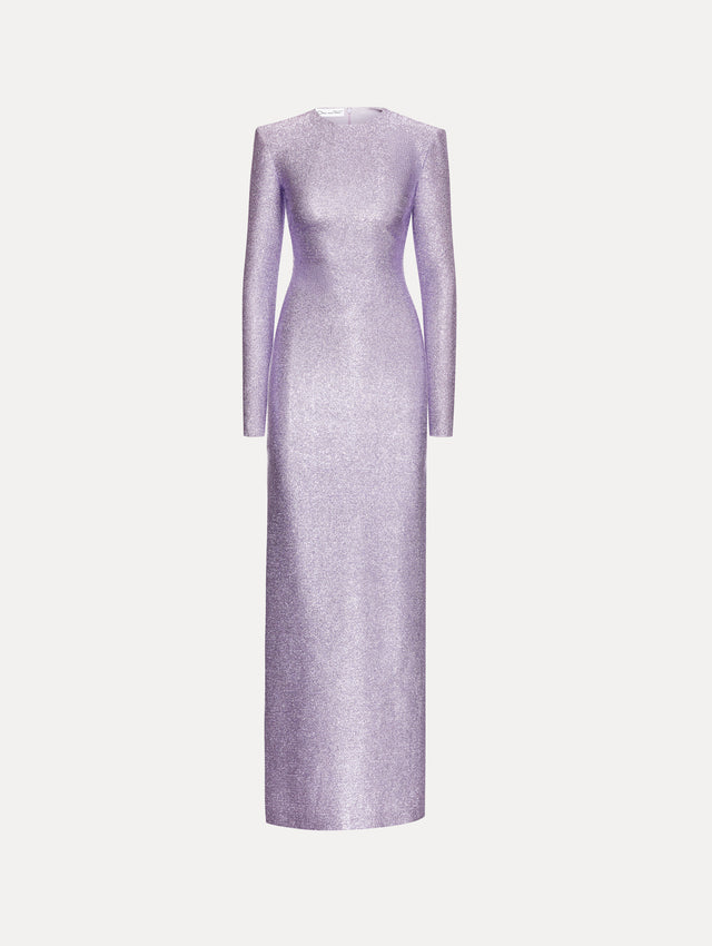Lavender Lamé Column Gown with Long Sleeves and Shoulder Pads Front View