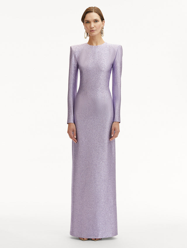 Lavender Lamé Column Gown with Long Sleeves and Shoulder Pads Front View