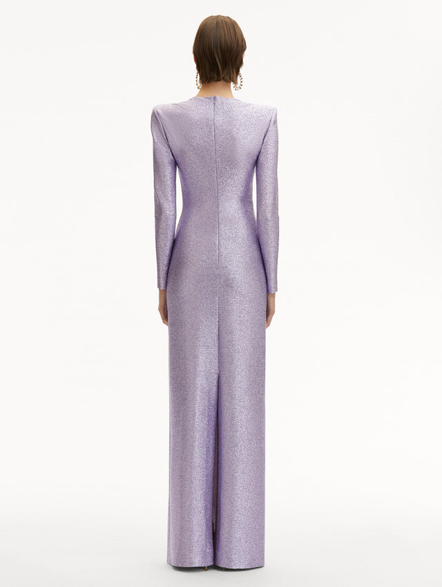 Lavender Lamé Column Gown with Long Sleeves and Shoulder Pads Back View