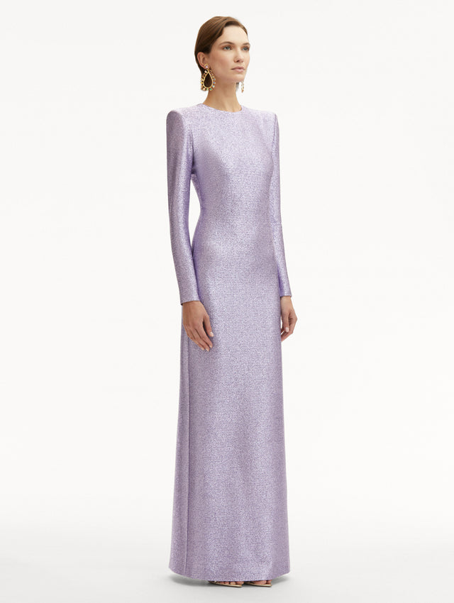 Lavender Lamé Column Gown with Long Sleeves and Shoulder Pads Side View