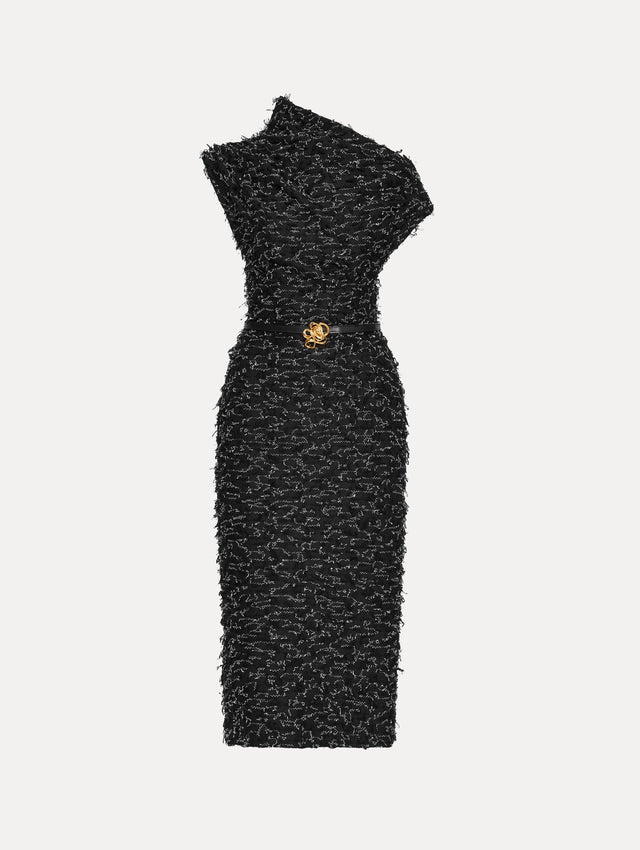 Eyelash Tweed Off-the-Shoulder Pencil Midi Dress in Black with Belt that has a Gold Flower Front View