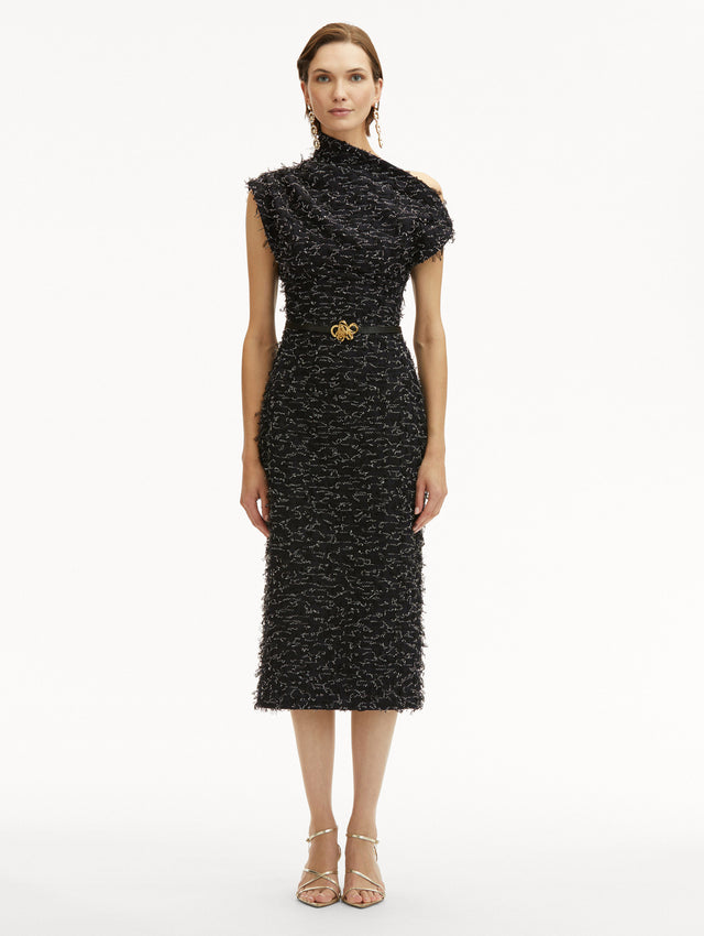 Eyelash Tweed Off-the-Shoulder Pencil Midi Dress in Black with Belt that has a Gold Flower Front View