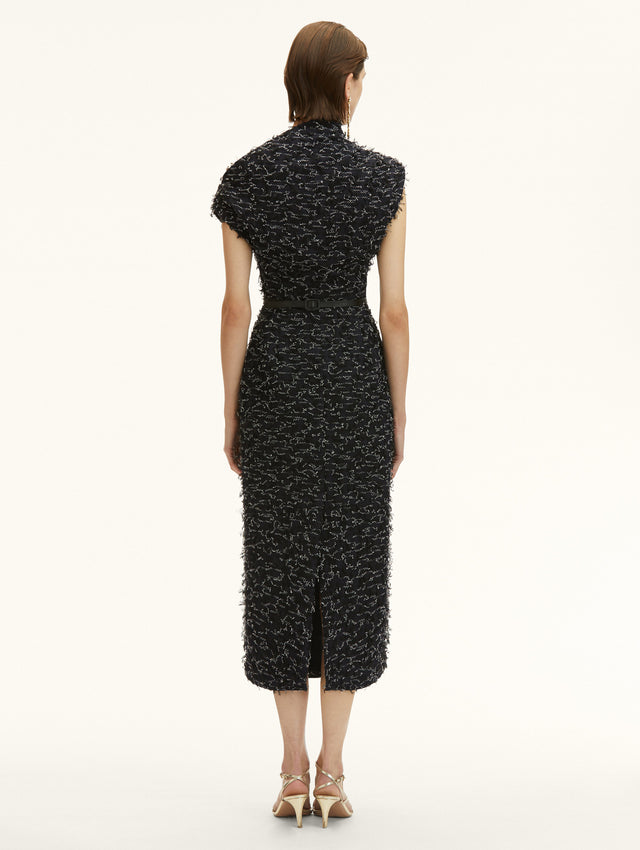 Eyelash Tweed Off-the-Shoulder Pencil Midi Dress in Black with Belt. Back View