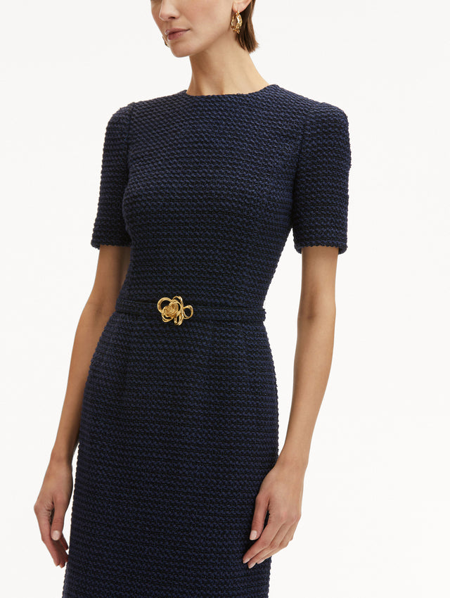 Navy Tweed Midi Dress with Short Sleeves and Round Neckline with a Matching Belt with Gold Flower Motif. Zoom View
