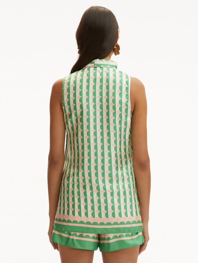 Geometric Circle Silk Twill Sleeveless Blouse that Ties in the Front with Light Pink Background and Half White Half Green Circle Print Back View