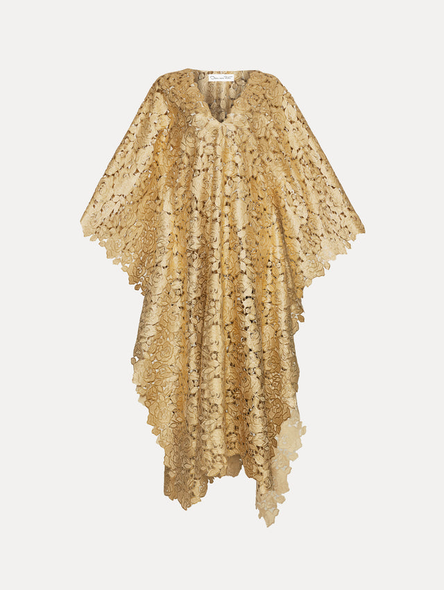 Gold Foil Rose Guipure Caftan with V-Neck Front View