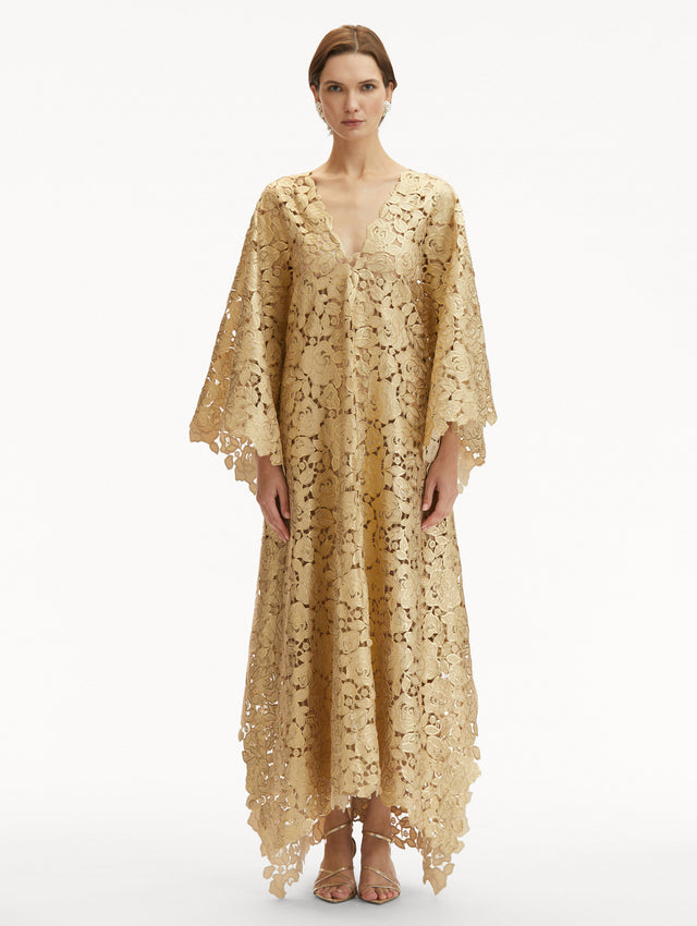 Gold Foil Rose Guipure Caftan with V-Neck Front View