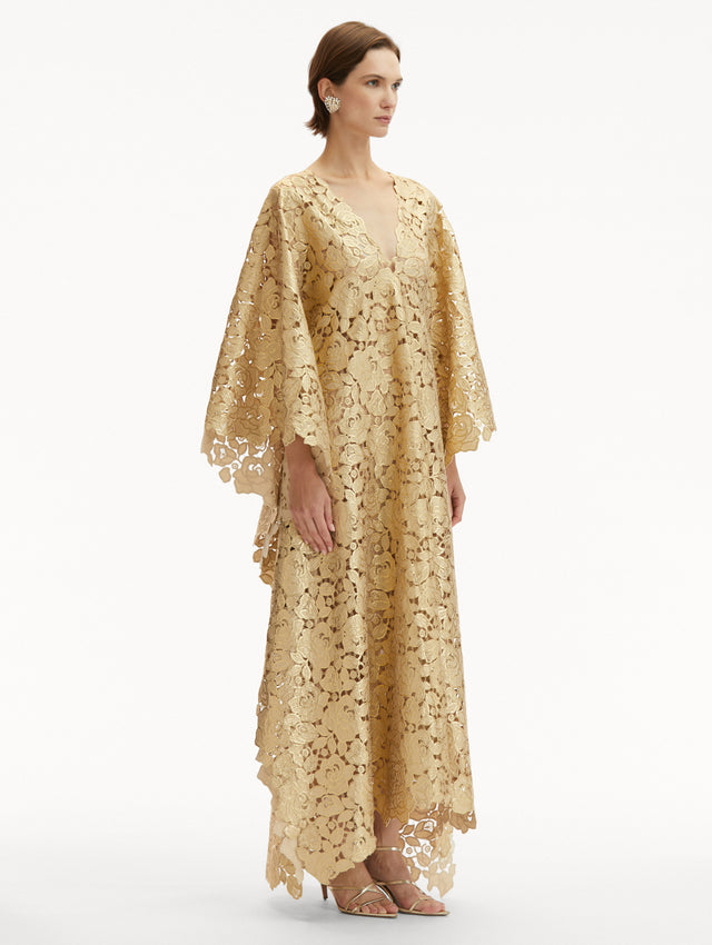 Gold Foil Rose Guipure Caftan with V-Neck Side View