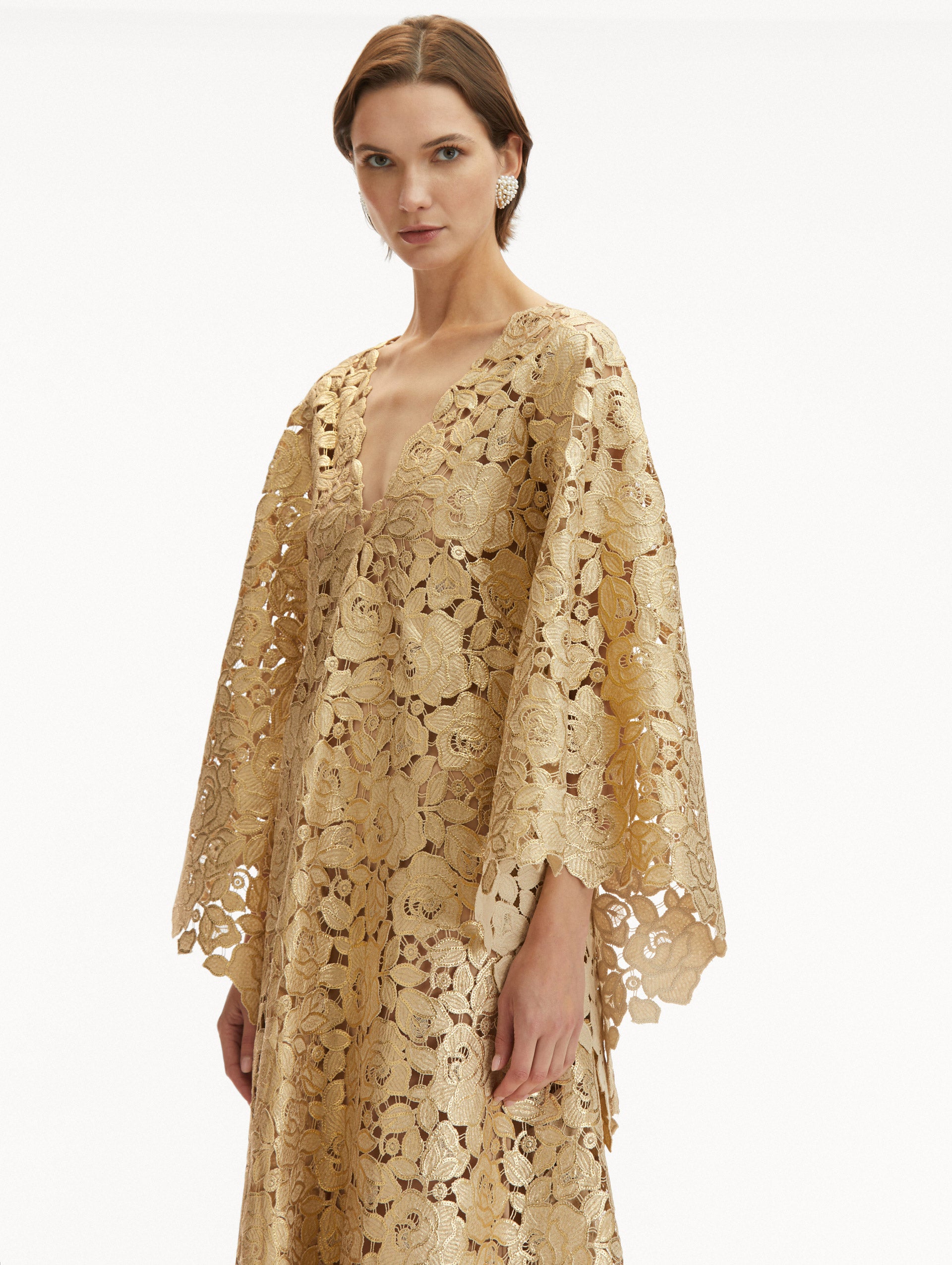 Gold Foil Rose Guipure Caftan - Main Image