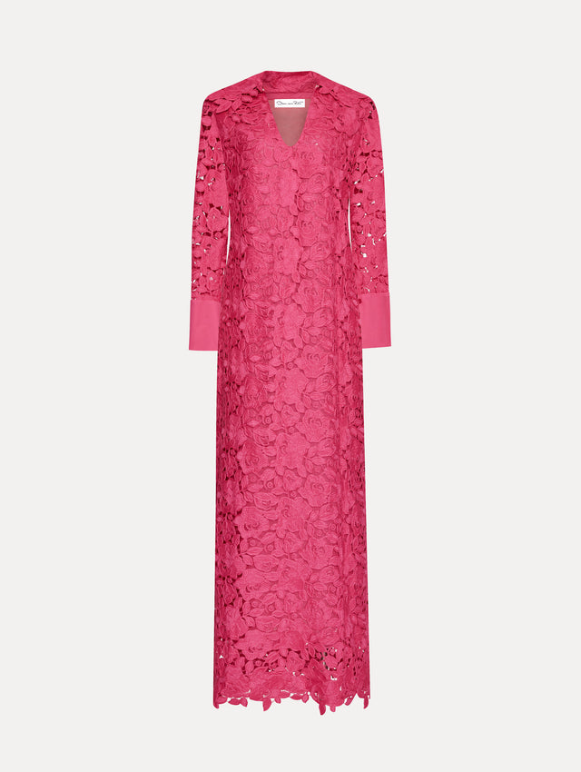 Hot Pink English Rose Guipure Long Sleeve Gown with V-Neck and Collar Front View