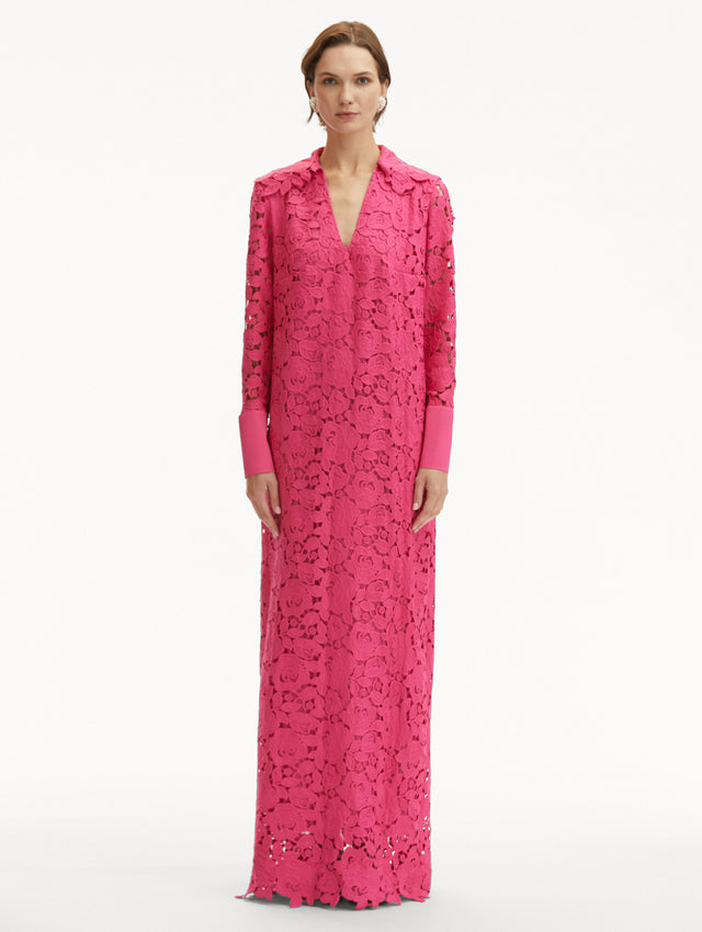 Hot Pink English Rose Guipure Long Sleeve Gown with V-Neck Front View