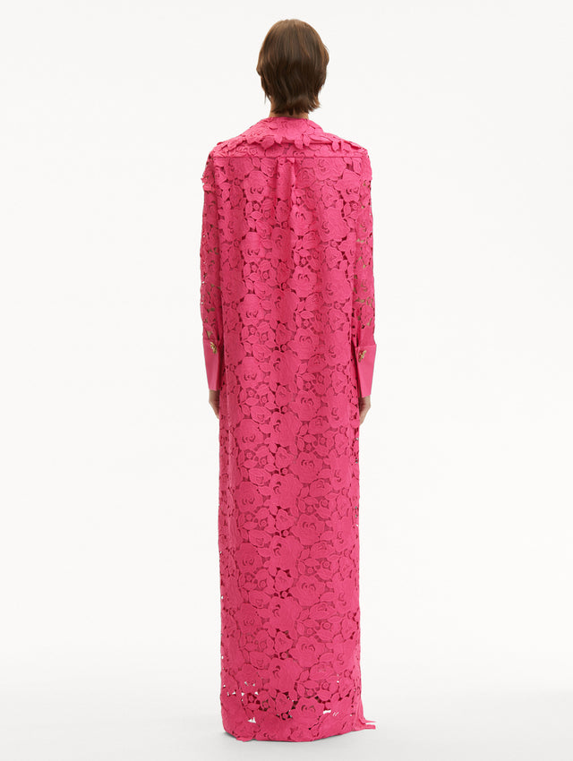 Hot Pink English Rose Guipure Long Sleeve Gown with V-Neck and Collar Back View