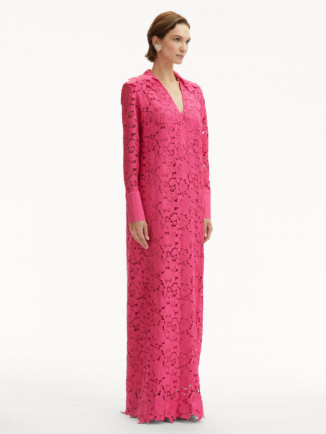 Hot Pink English Rose Guipure Long Sleeve Gown with V-Neck and Collar  Side View