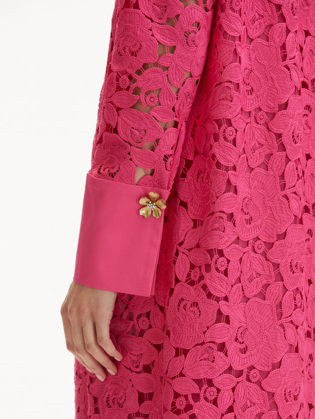 Hot Pink English Rose Guipure Long Sleeve Gown with Gold Flower Brooch Detail on Sleeve Zoom View