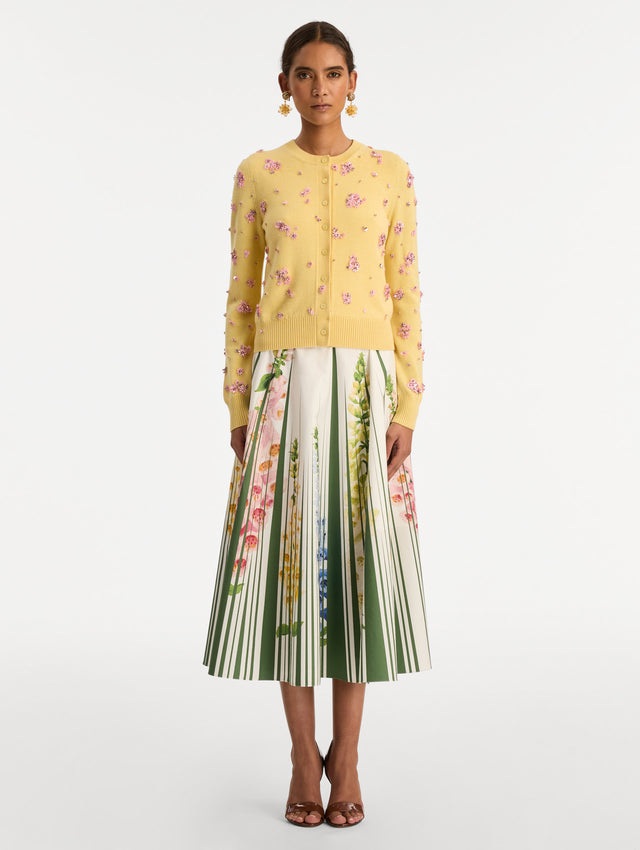 Yellow Crystal Cluster Embroidered Cardigan with pink crystal applique. Front View.