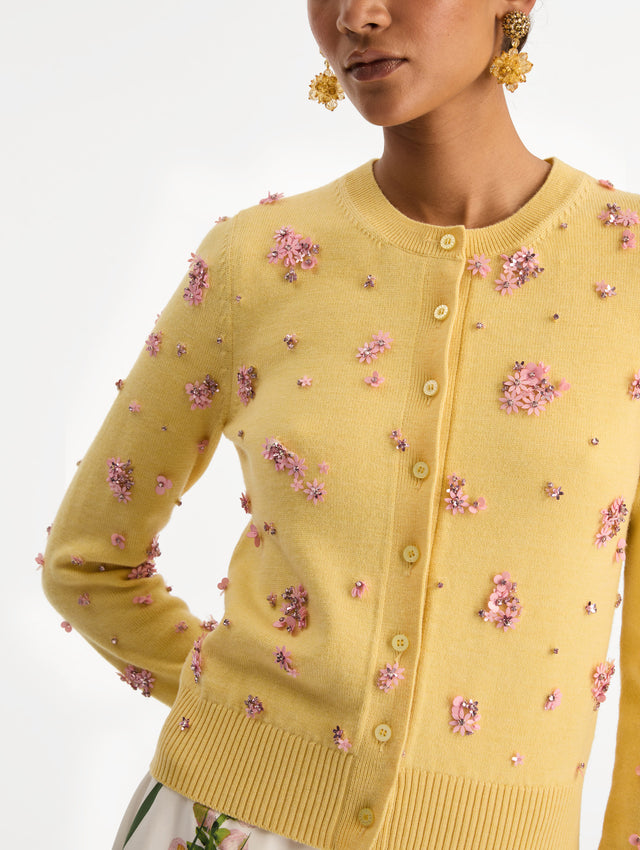 Yellow Crystal Cluster Embroidered Cardigan with pink crystal applique. Zoom View.