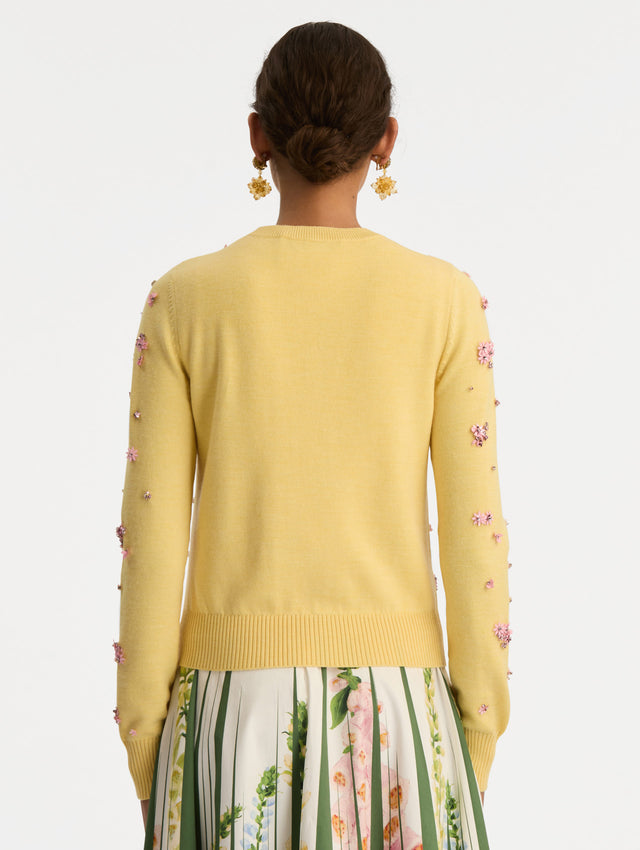 Yellow Crystal Cluster Embroidered Cardigan with pink crystal applique. Back View.