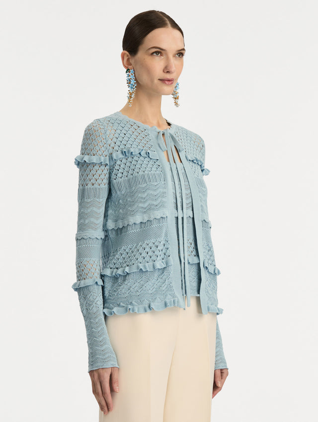 Light Blue Scallop Trim Cardigan with tie closure and textured knit patterning. Side View.