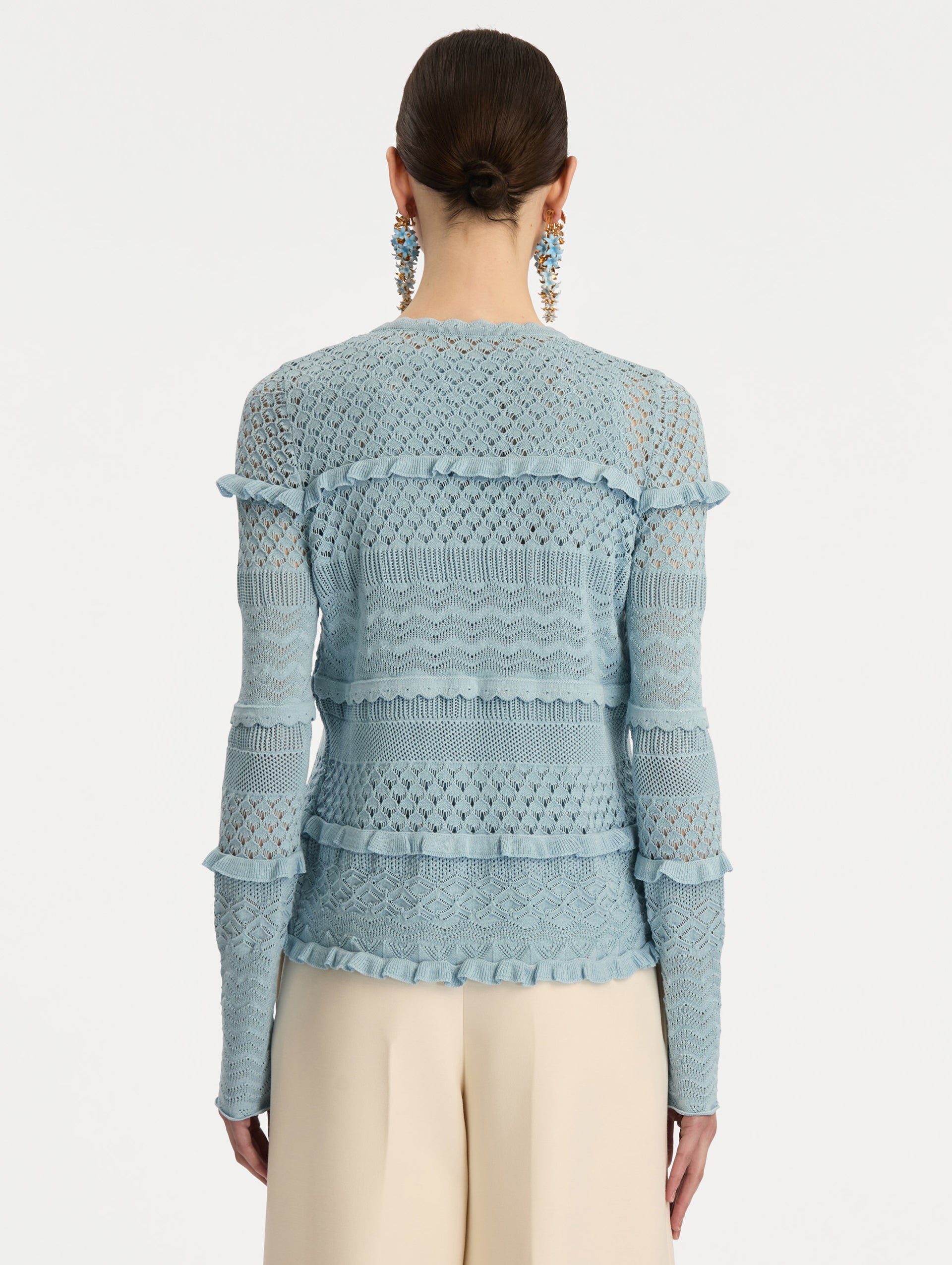 Light Blue Scallop Trim Cardigan with tie closure and textured knit patterning. Back View.