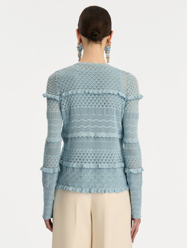 Light Blue Scallop Trim Cardigan with tie closure and textured knit patterning. Back View.