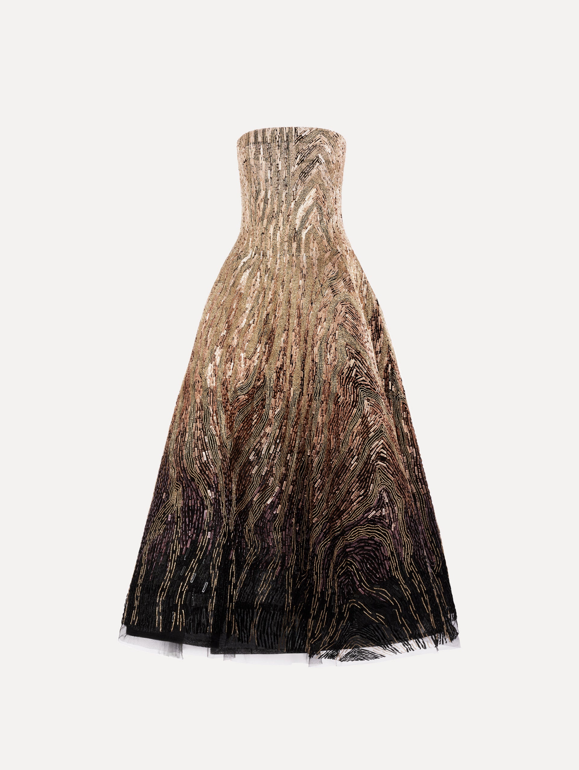 Beaded Sequin Moiré Ombré Tea Length Gown