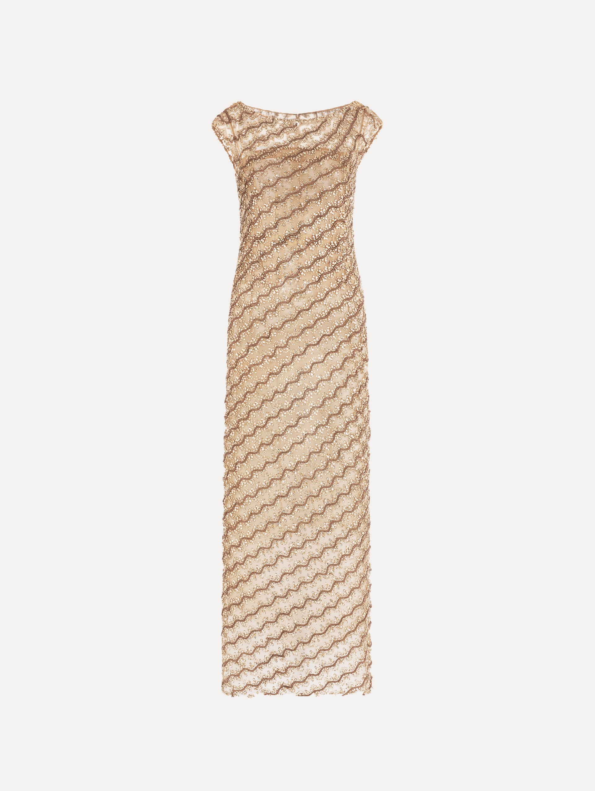 The model is wearing the beaded wave embroidered sleeveless cocktail dress in the color amber.