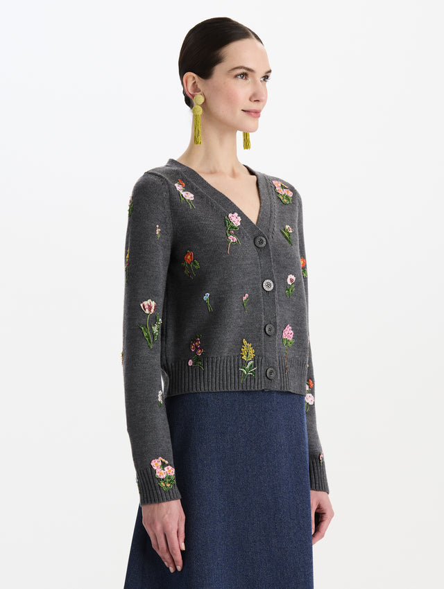 Mini Mixed Botanical Threadwork V-Neck Cardigan