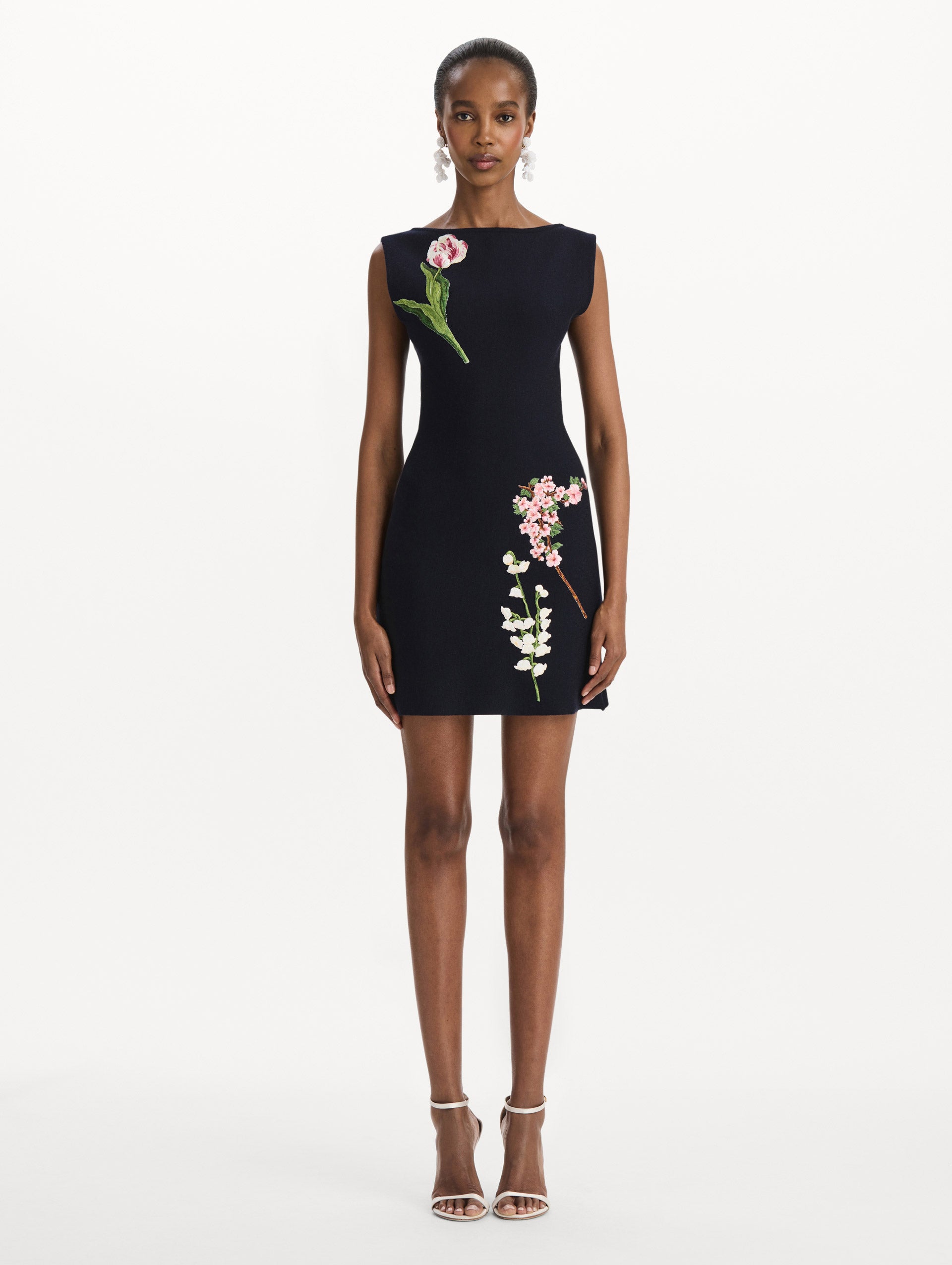 Oscar de la Renta Wool Embroidered Mini Dress - Navy