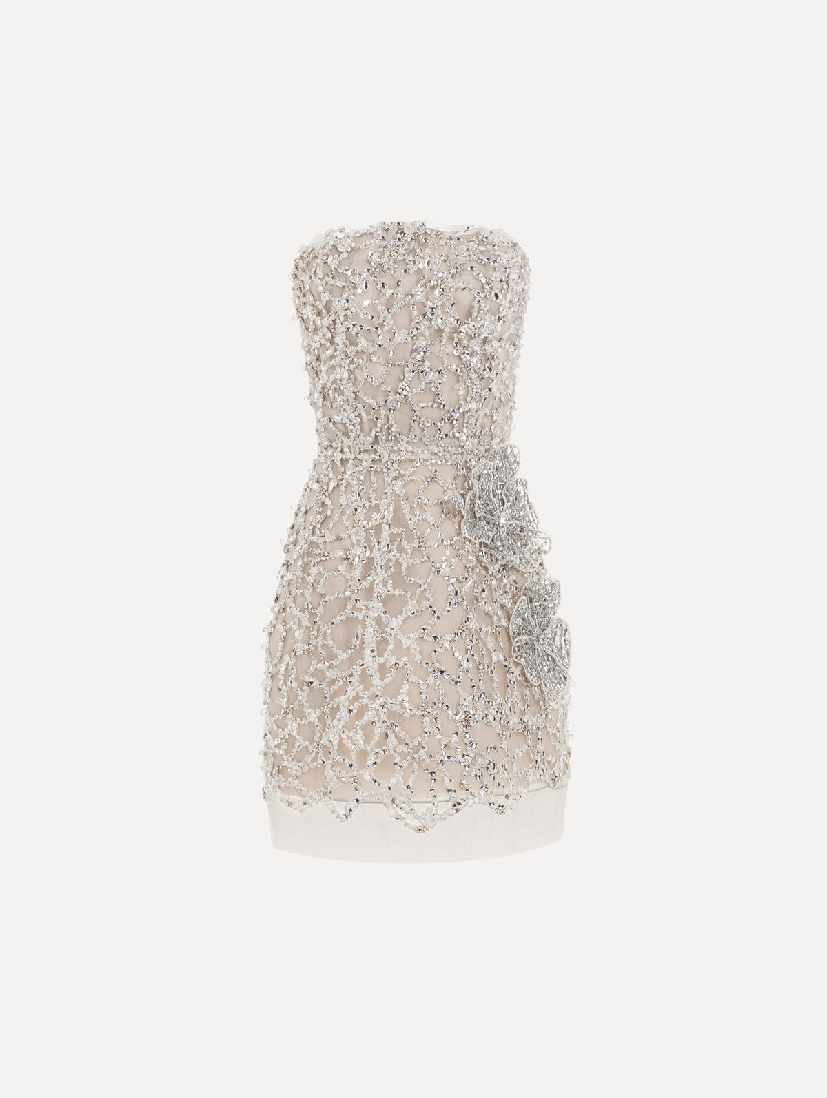 The model is wearing the crystal leaves embroidered mini dress with a strapless silhouette in the color silver.