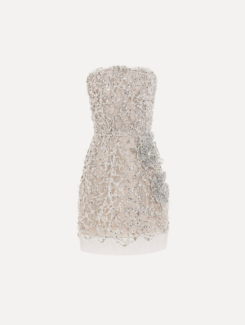 The model is wearing the crystal leaves embroidered mini dress with a strapless silhouette in the color silver.