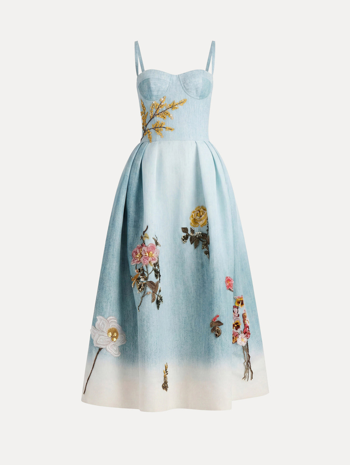 The model is wearing the beaded mixed botanical bustier dress with floral detailing and a sleeveless silhouette in blue multi. 