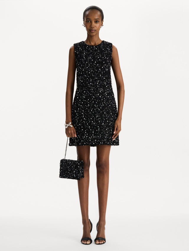 The Sequin Ribbon Tweed Mini TRO Bag in black. Front view.