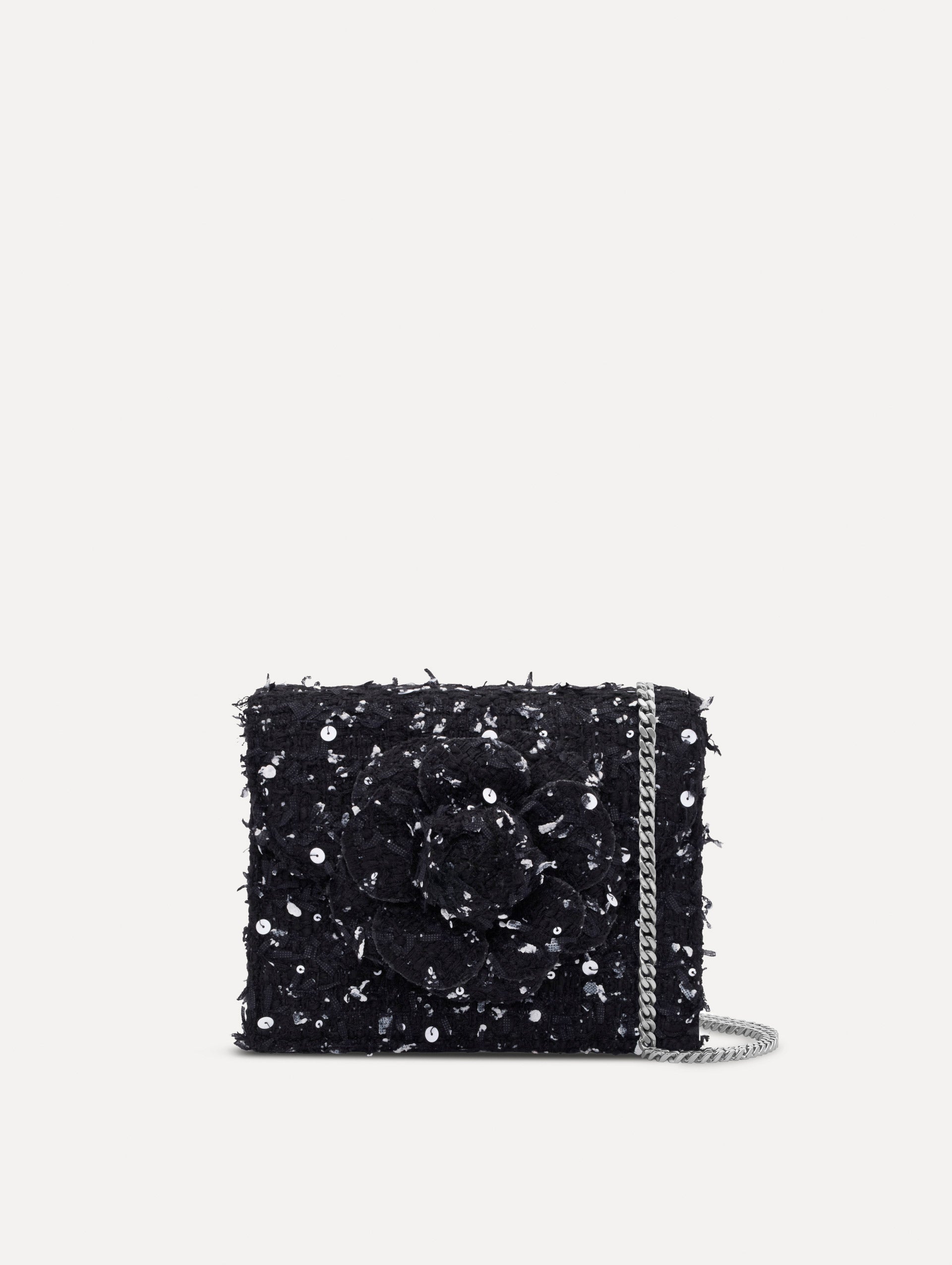 The Sequin Ribbon Tweed Mini TRO Bag in black. Front view.
