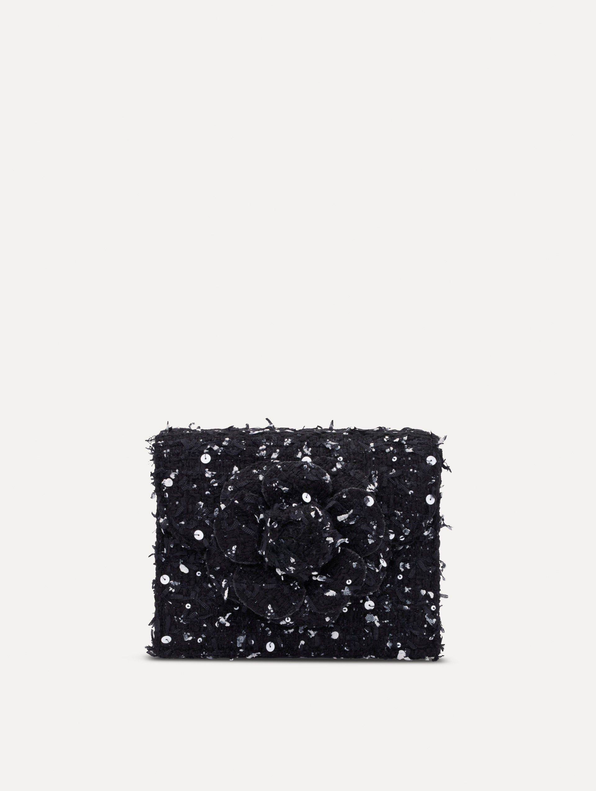 The Sequin Ribbon Tweed Mini TRO Bag in black. Front view.