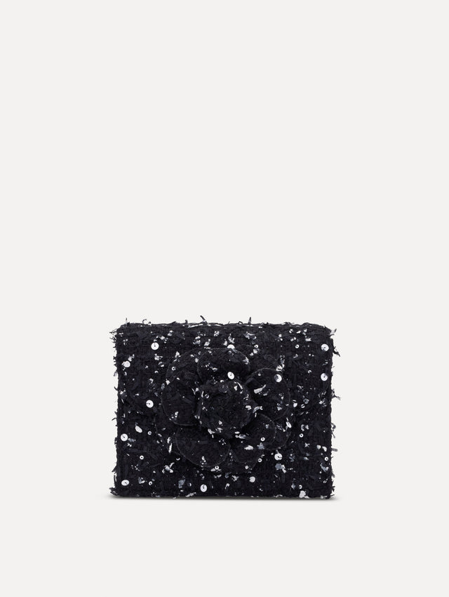The Sequin Ribbon Tweed Mini TRO Bag in black. Front view.